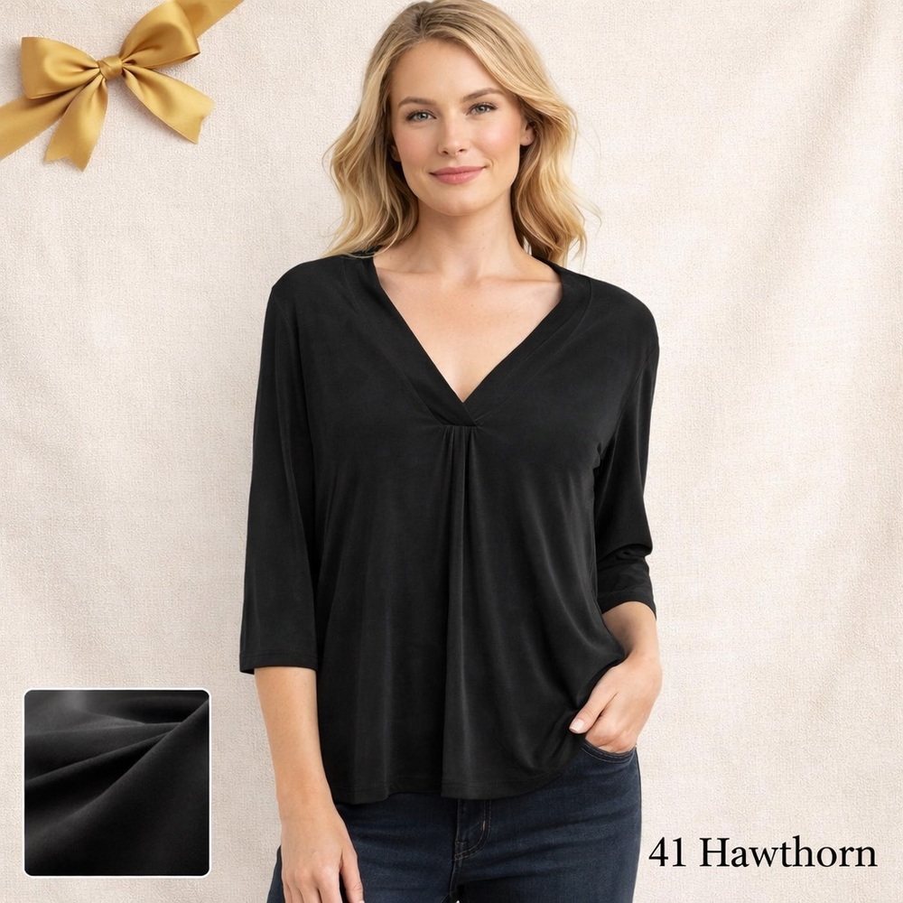 41 Hawthorn Black V-Neck Blouse Cupro Spandex 3/4 Sleeve Size S